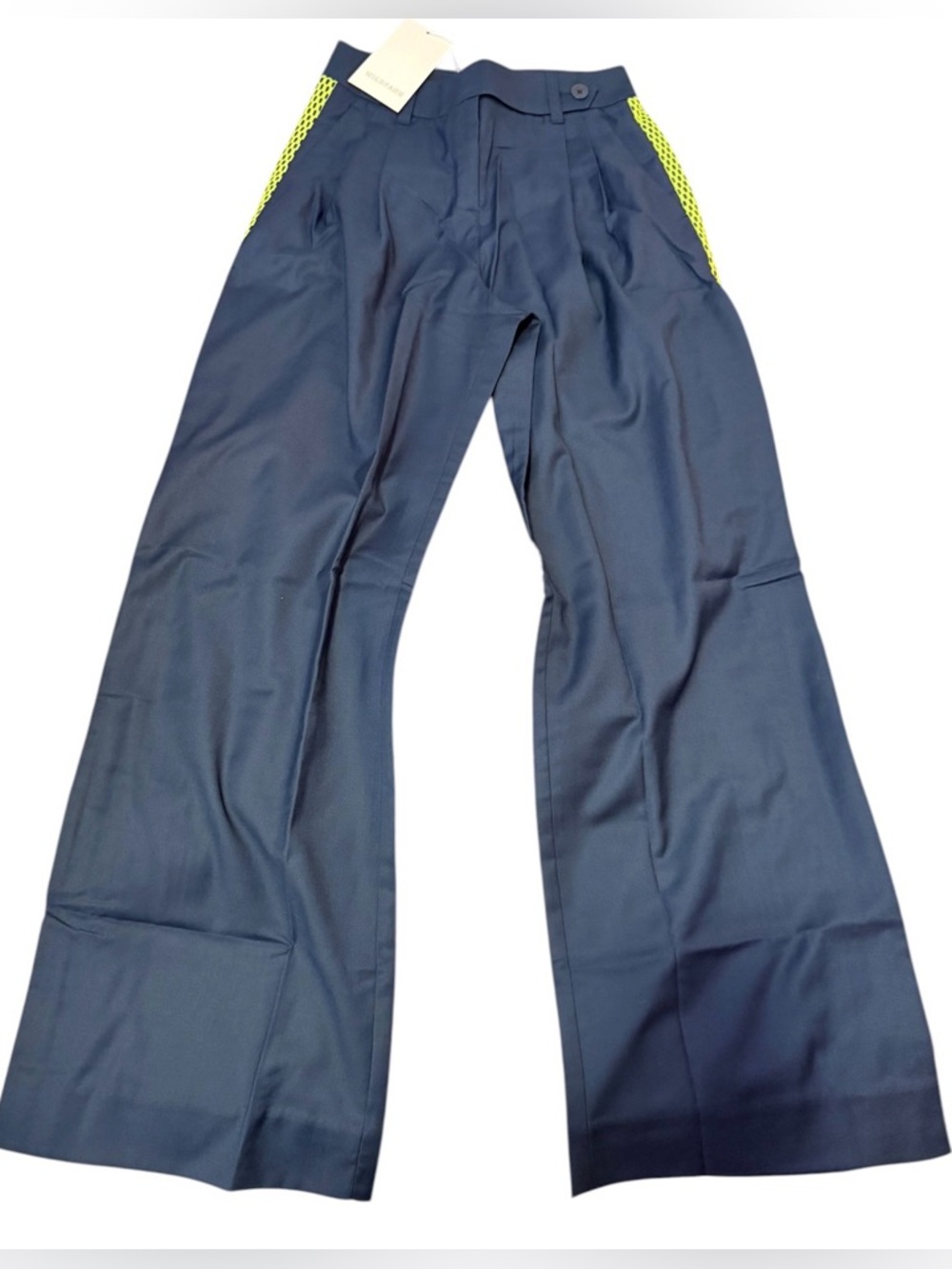 NWT Wildfang Empower Colorblock Wide Leg Trouser in Navy Neon Green Mesh size 2